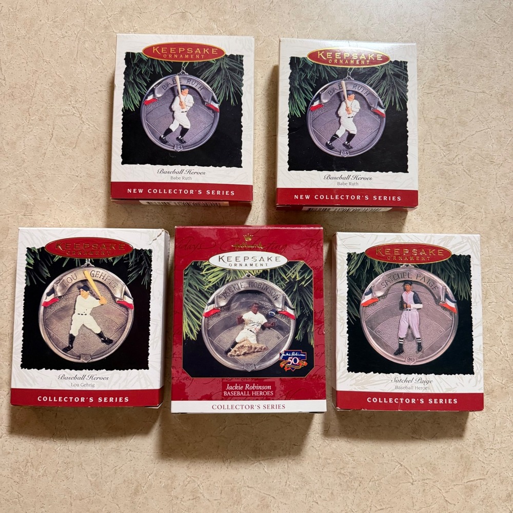 Hallmark Keepsake Baseball Heroes Ornament Lot 5 Babe Ruth Gehrig Robinson Paige